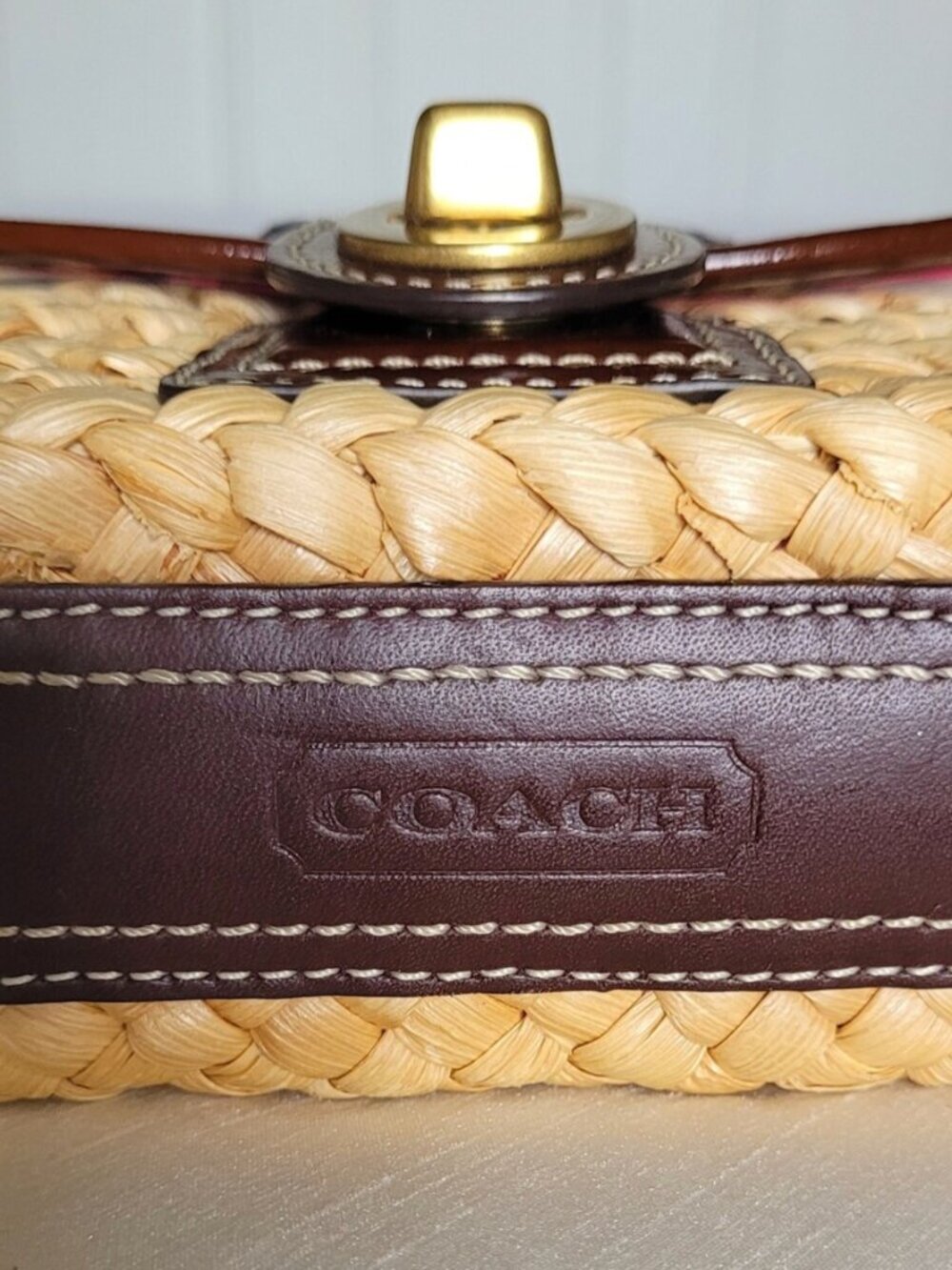 727 Coach Straw Summertime Turnlock Wristlet Clutch Brown Brass Raffia Vintage - Picture 8 of 12